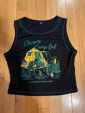 Cropped tank top with skeleton campout graphic